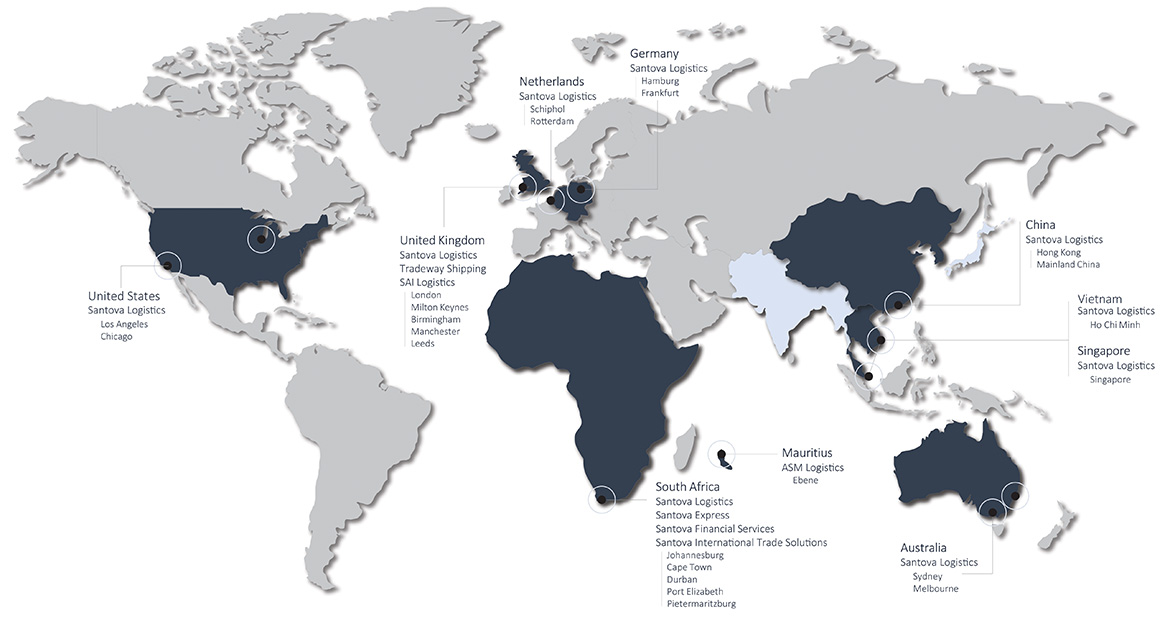 World map showing all Santova offices around the globe