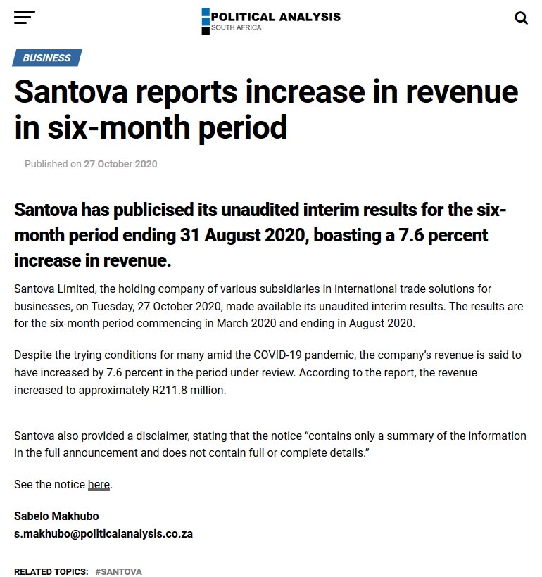 Santova reports increase in revenue in six-month period
